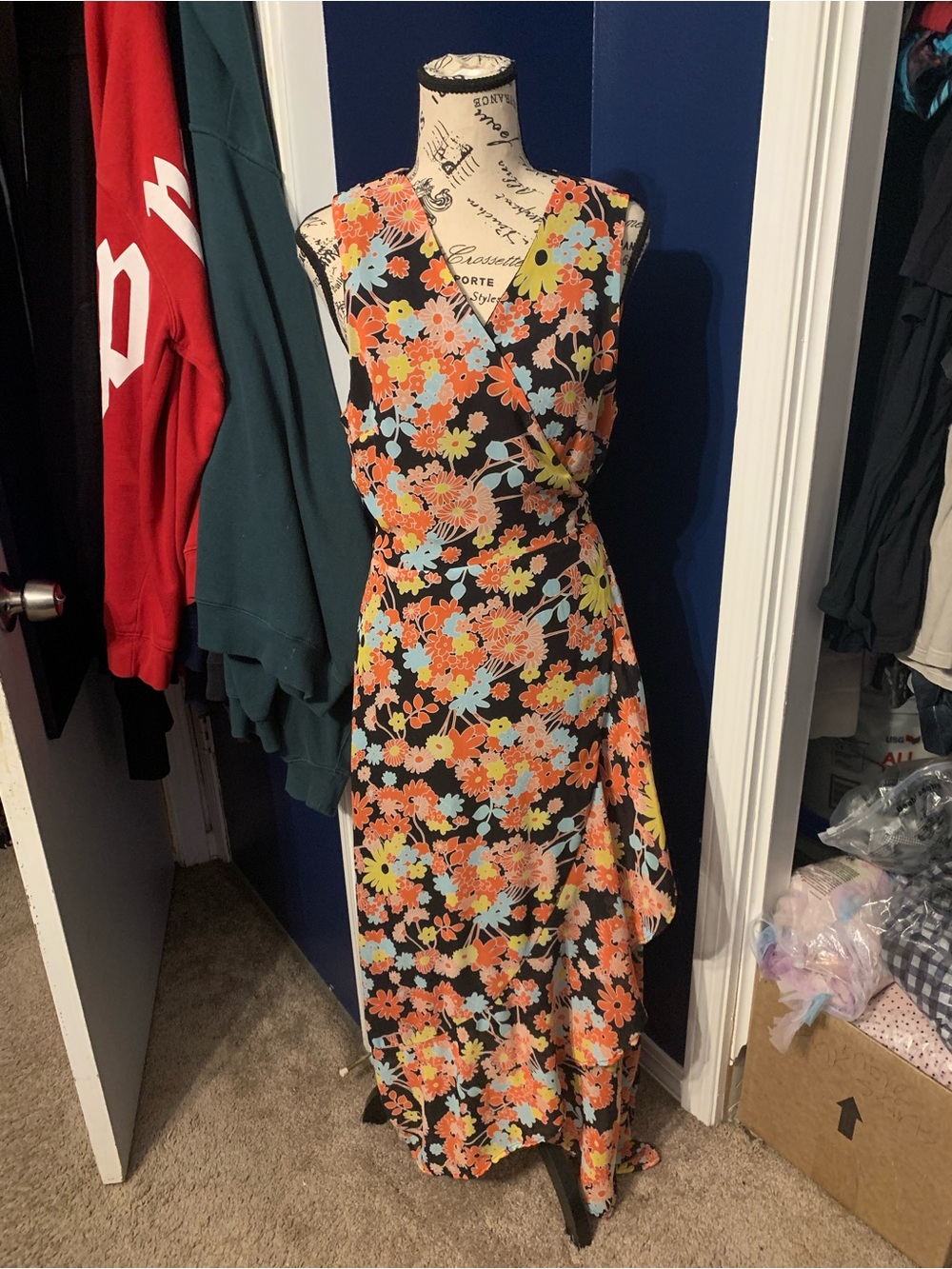 ModCloth Black Floral Wrap Maxi Dress with Orange & Blue Flowers